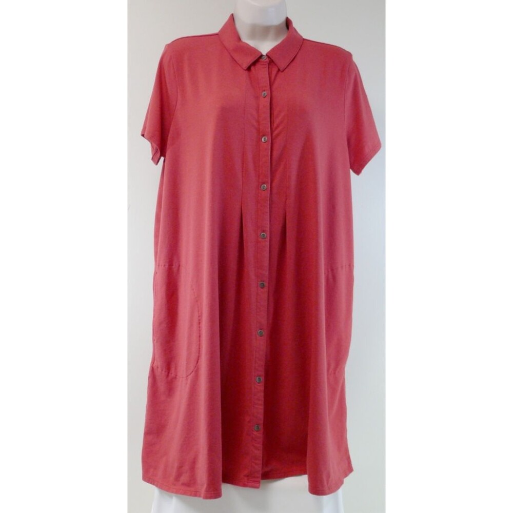 J Jill button up TShirt Shift Dress Short Sleeve pima cotton pockets Red size L